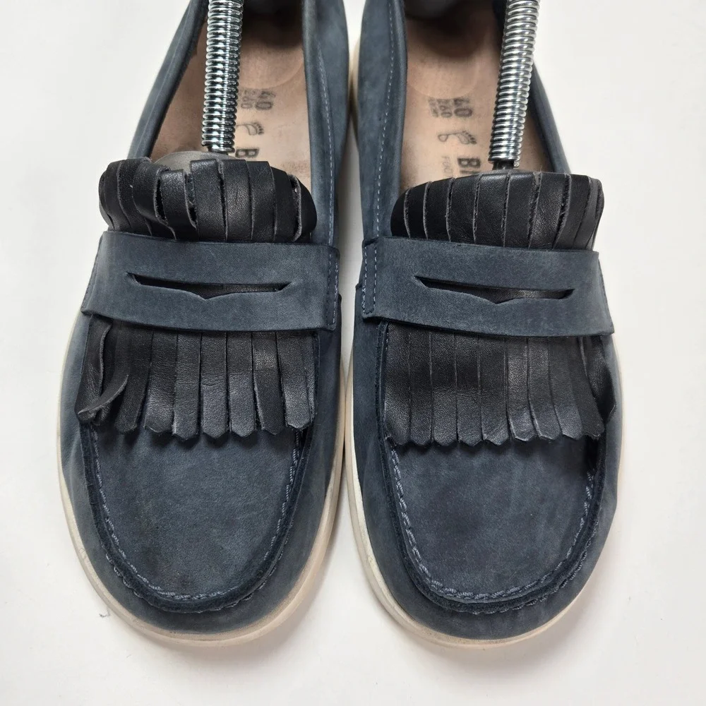 Birkenstock Saitama Moccasins Womens 40‎ Navy Blue Leather Fringe Loafers Shoes